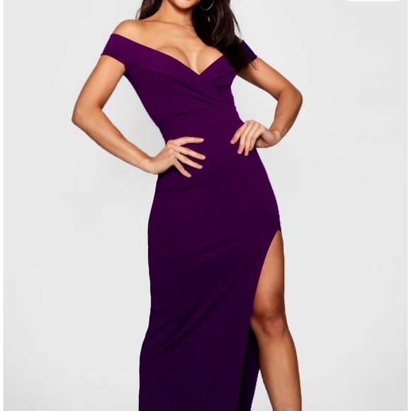 Boohoo Dresses & Skirts - Boo-hoo Off The Shoulder Thigh Slit Maxi Dress - Plum - Size US 4
